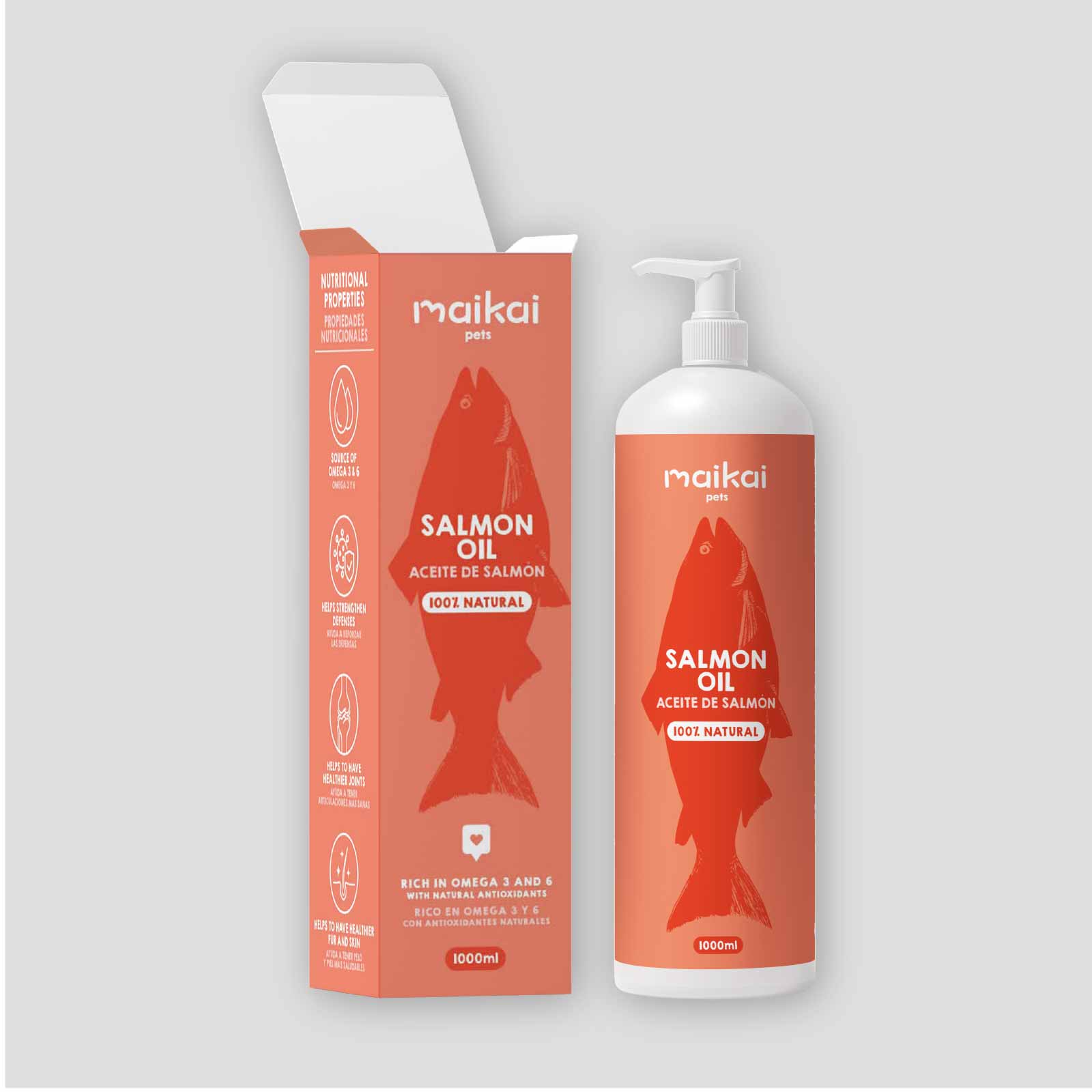 Botella de aceite de salmón de 1000 ml para perros y gatos.