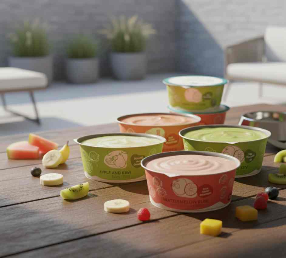 Infografía de los beneficios de los yogures y helados funcionales de Maikai Pets, mostrando cómo aportan nutrientes, favorecen la digestión y son saludables para perros y gatos.