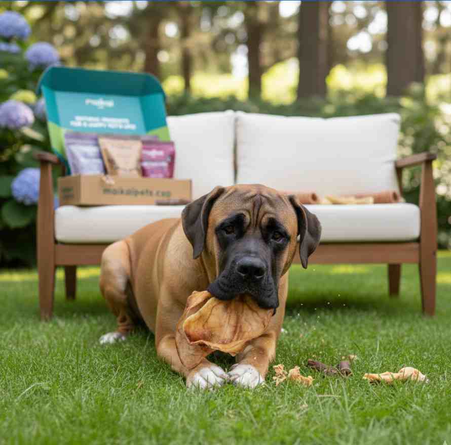 Caja de regalo de Maikai Pets con mordedores naturales para perros, diseñada para mantenerlos entretenidos y cuidar su salud dental de manera divertida y saludable.
