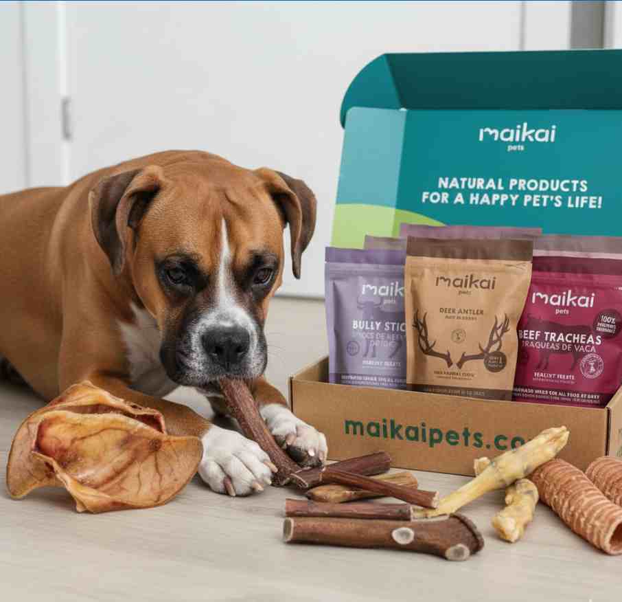Caja de regalo de Maikai Pets con mordedores y chuches naturales para perros, un pack saludable y divertido que entretiene y premia a tu peludo.