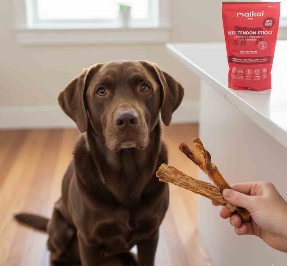 Chuches naturales de tendones de ternera para perros de Maikai Pets, un snack duradero que fortalece la mandíbula y mantiene entretenido a tu peludo de forma saludable.