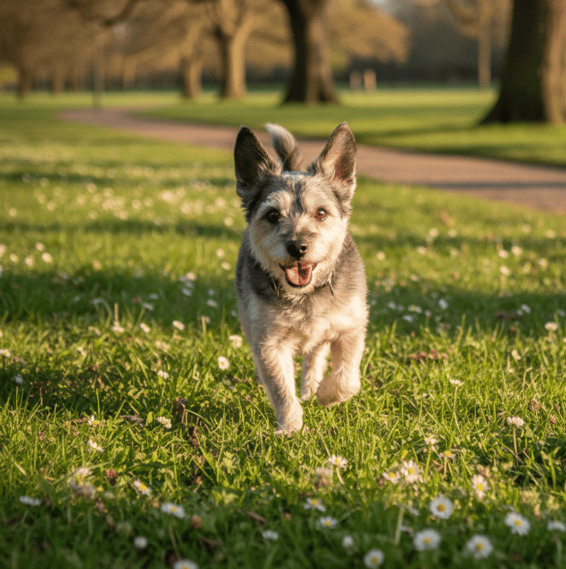 Perro de raza pequeña tomando el condroprotector natural de Maikai Pets, formulado para fortalecer las articulaciones y prevenir el desgaste articular.