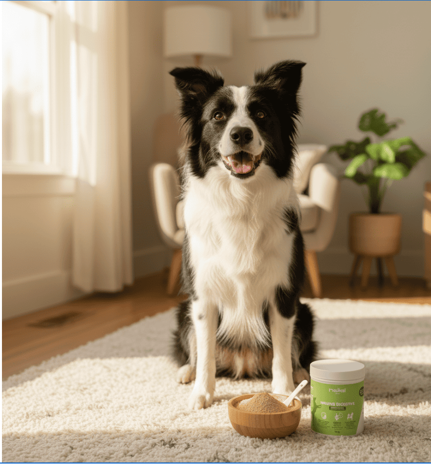 Perro tomando el probiótico natural Immune & Digestive de Maikai Pets, un suplemento que fortalece el sistema inmune y mejora la salud digestiva.