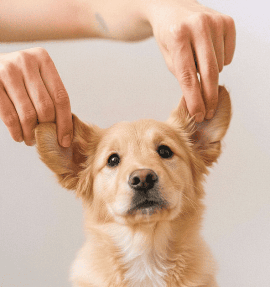 Persona limpiando las orejas de su perro con el limpiador de oídos natural de Maikai Pets, formulado para una higiene suave y eficaz que previene infecciones.