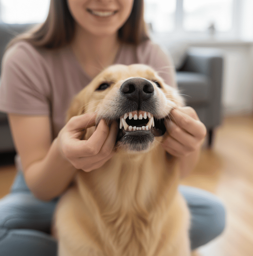 Perro mostrando una sonrisa limpia gracias al limpiador dental Plaque Remover de Maikai Pets, un producto natural que elimina el sarro y mejora la salud bucal.