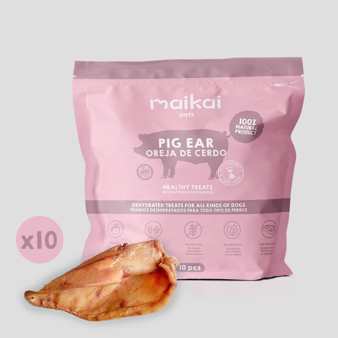 Mordedores de oreja de cerdo Maikai Pets para perros, pack de 10 unidades, snacks naturales y duraderos que ayudan a mantener dientes y encías saludables mientras tu perro se entretiene.