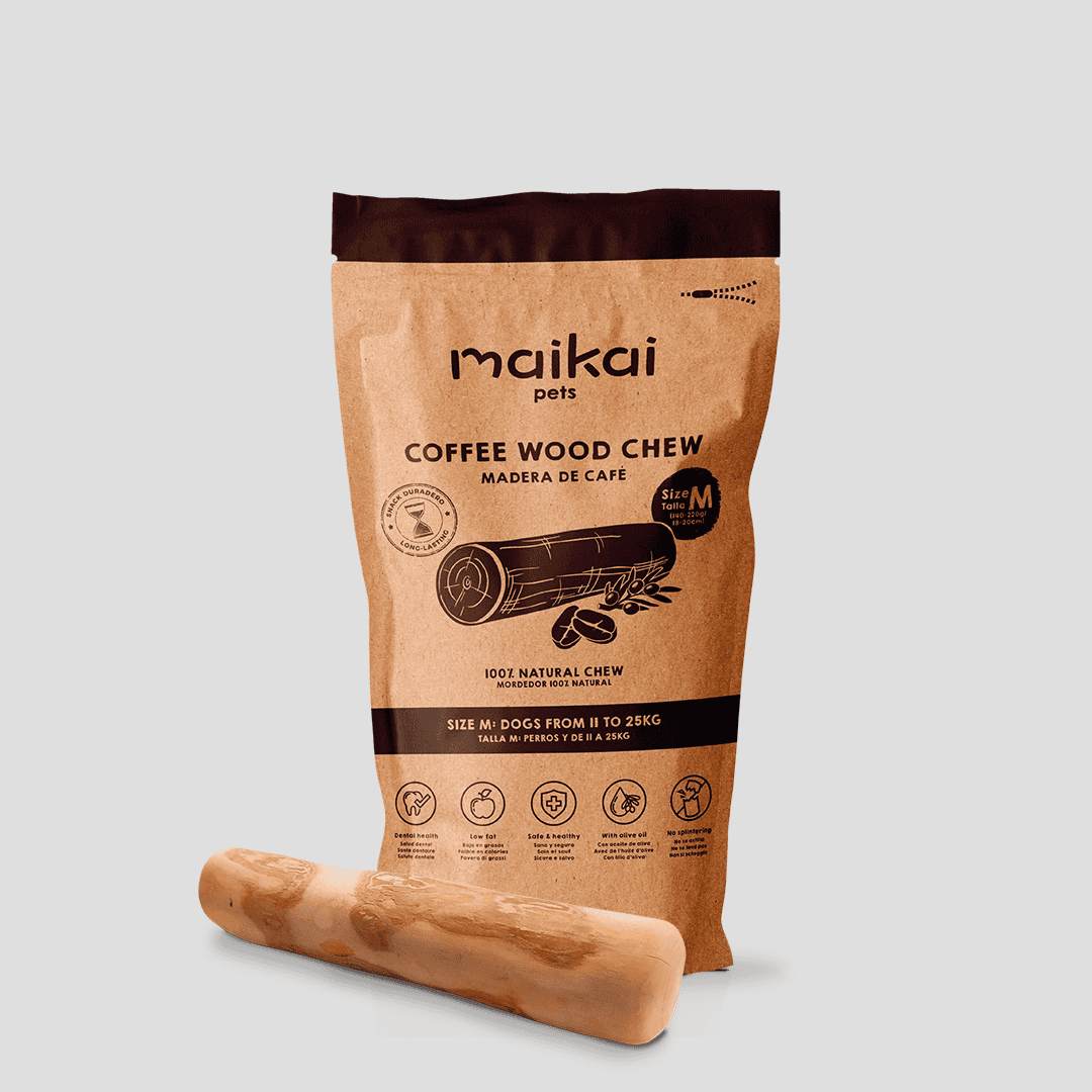 Mordedor natural de palo de café para perros medianos, resistente y ecológico, ideal para mantener dientes y encías saludables.
