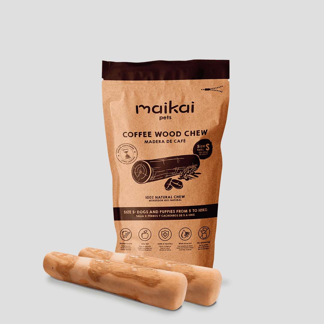 Mordedor natural de madera de café para perros pequeños, pack de 2 unidades ecológicas y seguras para una masticación saludable