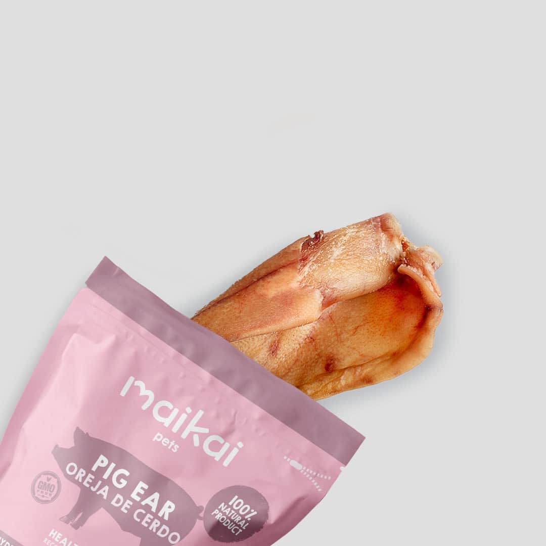 Mordedor natural de oreja de cerdo Maikai Pets para perros, 1 unidad, snack duradero y saludable que ayuda a mantener dientes y encías fuertes mientras tu perro se divierte.