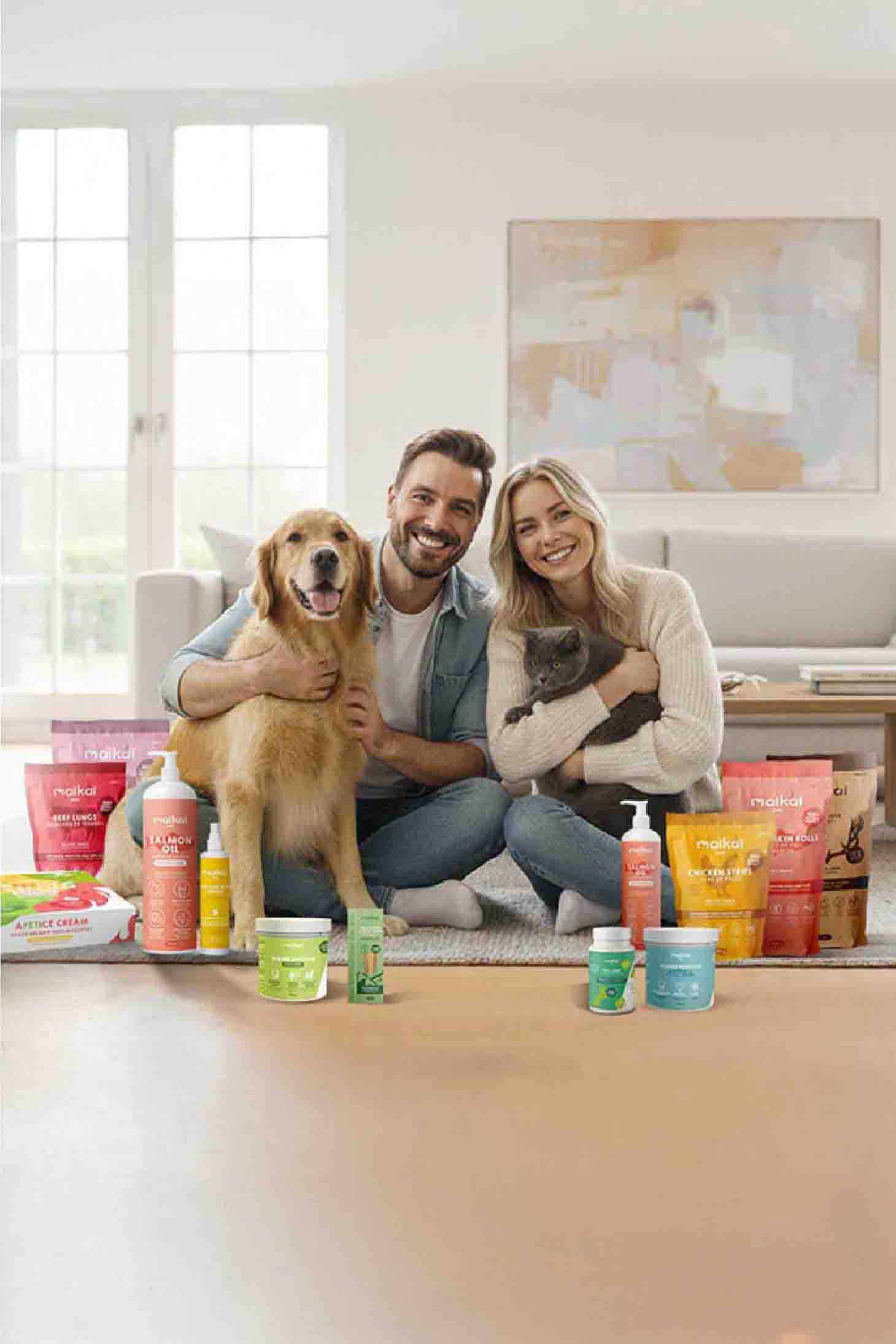 Personas con mascotas y productos naturales de Maikai Pets