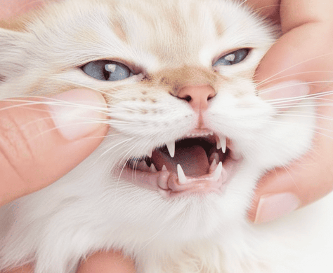Gato recibiendo el limpiador dental Plaque Remover de Maikai Pets, un producto natural que ayuda a eliminar el sarro y mantener una boca sana y fresca.