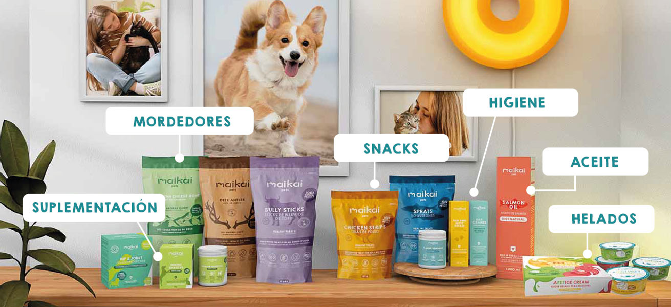 Categorías de productos naturales Maikai Pets, incluyendo juguetes, mordedores y snacks saludables para perros y gatos.