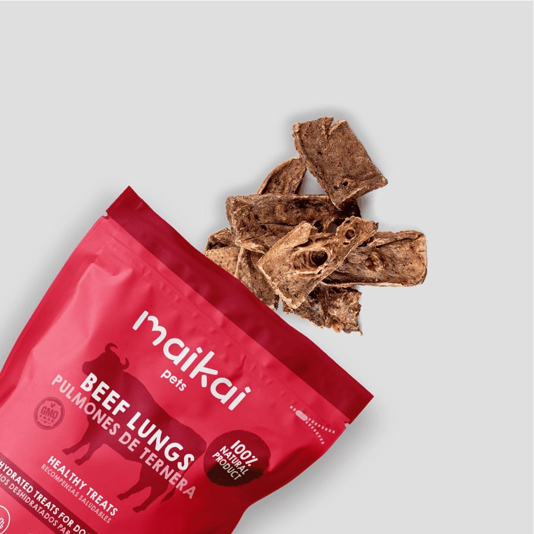 Pulmones de ternera deshidratados Maikai Pets para perros, snack natural y saludable, rico en proteínas, ideal para premiar y mantener entretenida a tu mascota.