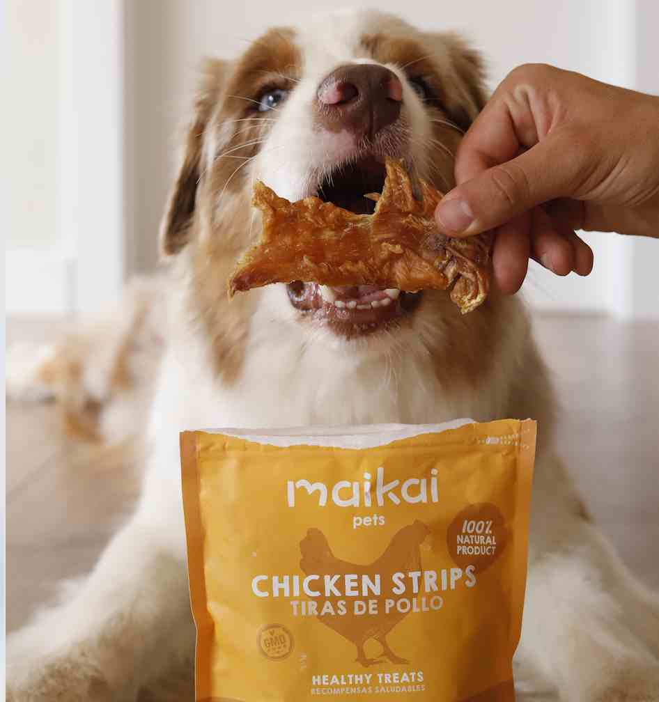 Snack natural de tiras de pollo para perros de Maikai Pets, una chuche saludable y rica en proteínas que mantiene a tu peludo activo y satisfecho.