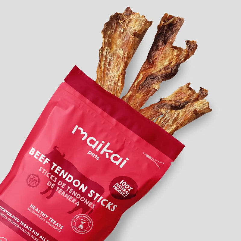 Tendones de ternera Maikai Pets para perros, snack natural y duradero, rico en proteínas, ideal para mantener la salud dental y proporcionar entretenimiento saludable.