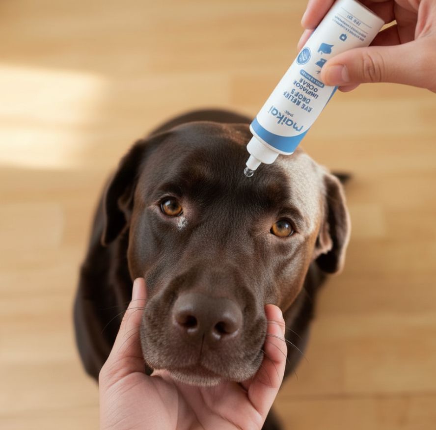 UGC mostrando el limpiador de ojos con ectoina de Maikai Pets para eliminar legañas en perros.