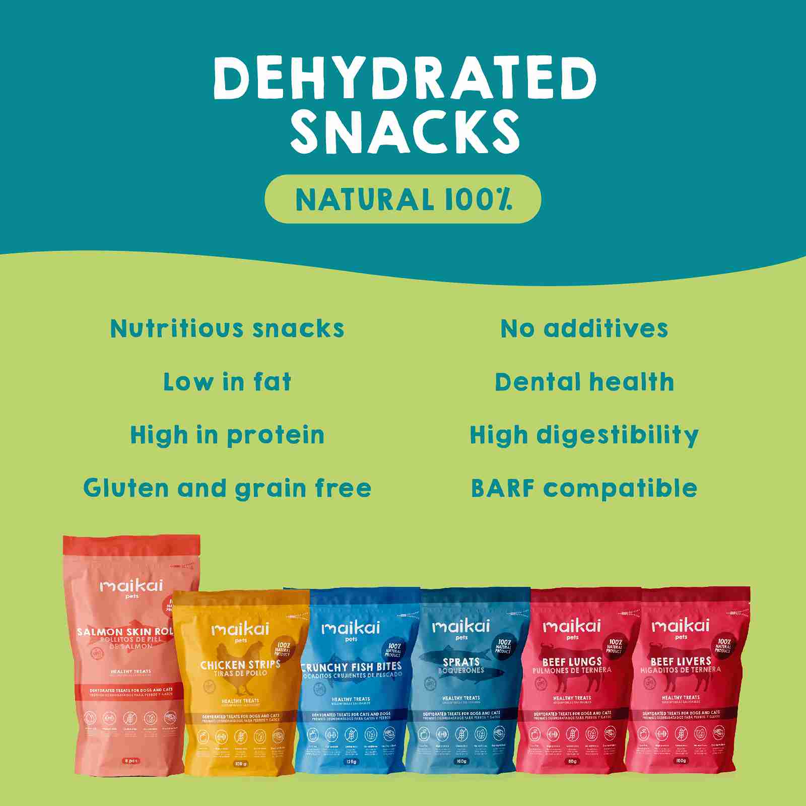 Box of dehydrated snacks and salmon oil for dogs and cats.