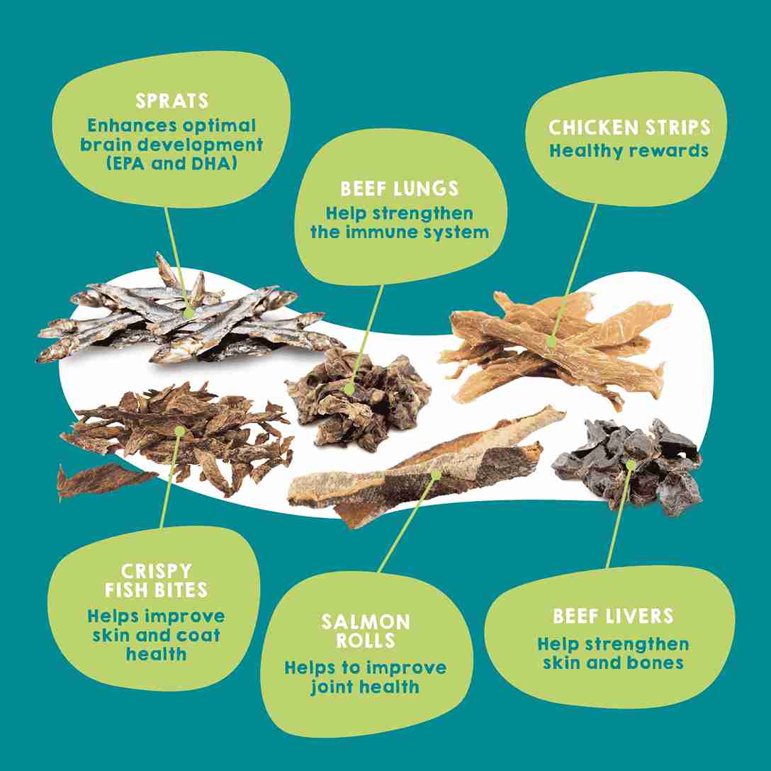 Box of dehydrated treats and salmon oil for dogs and cats.