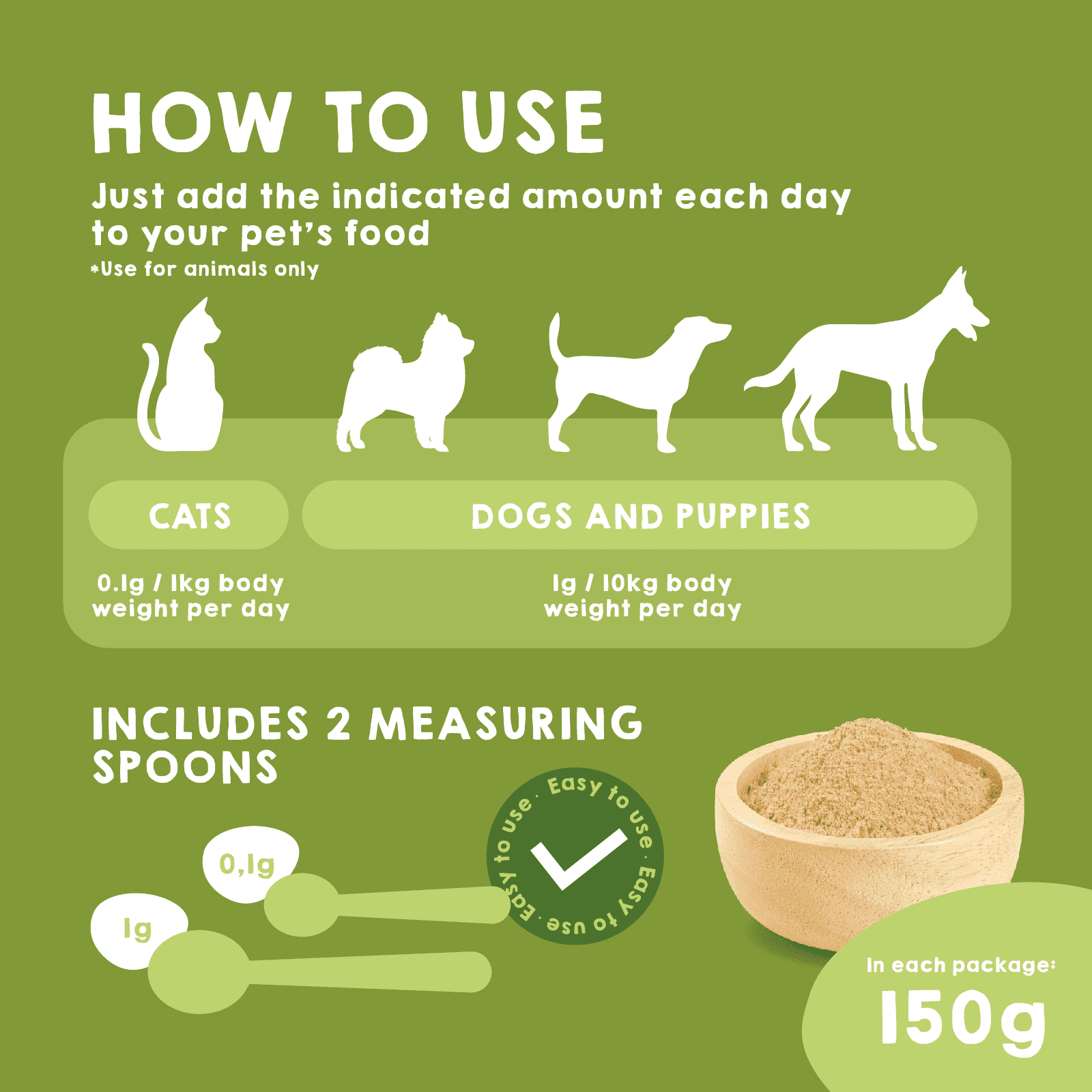 Instructions for use of the natural probiotic for immune and digestive health in pets