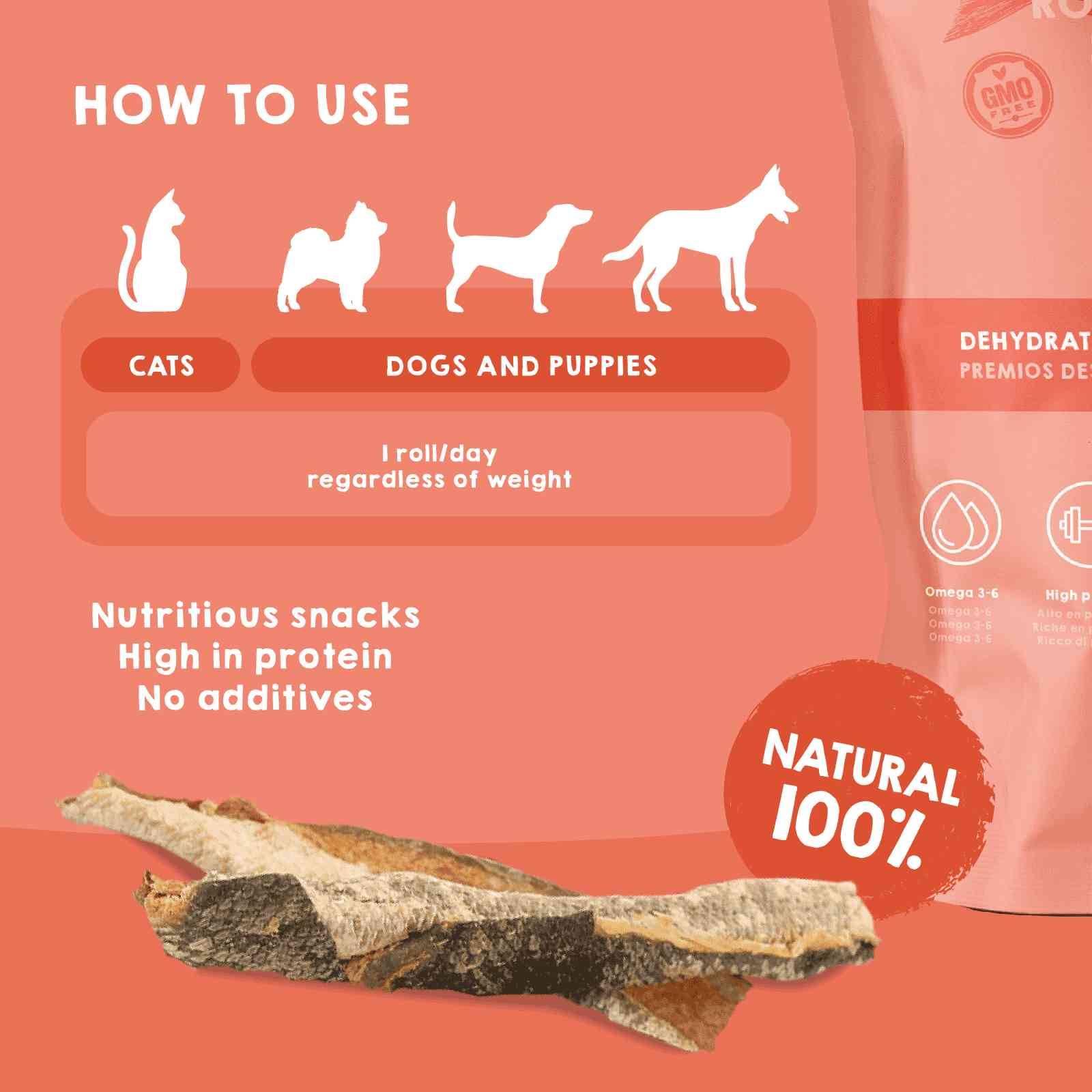 Natural salmon roll snack for dogs and cats as treats