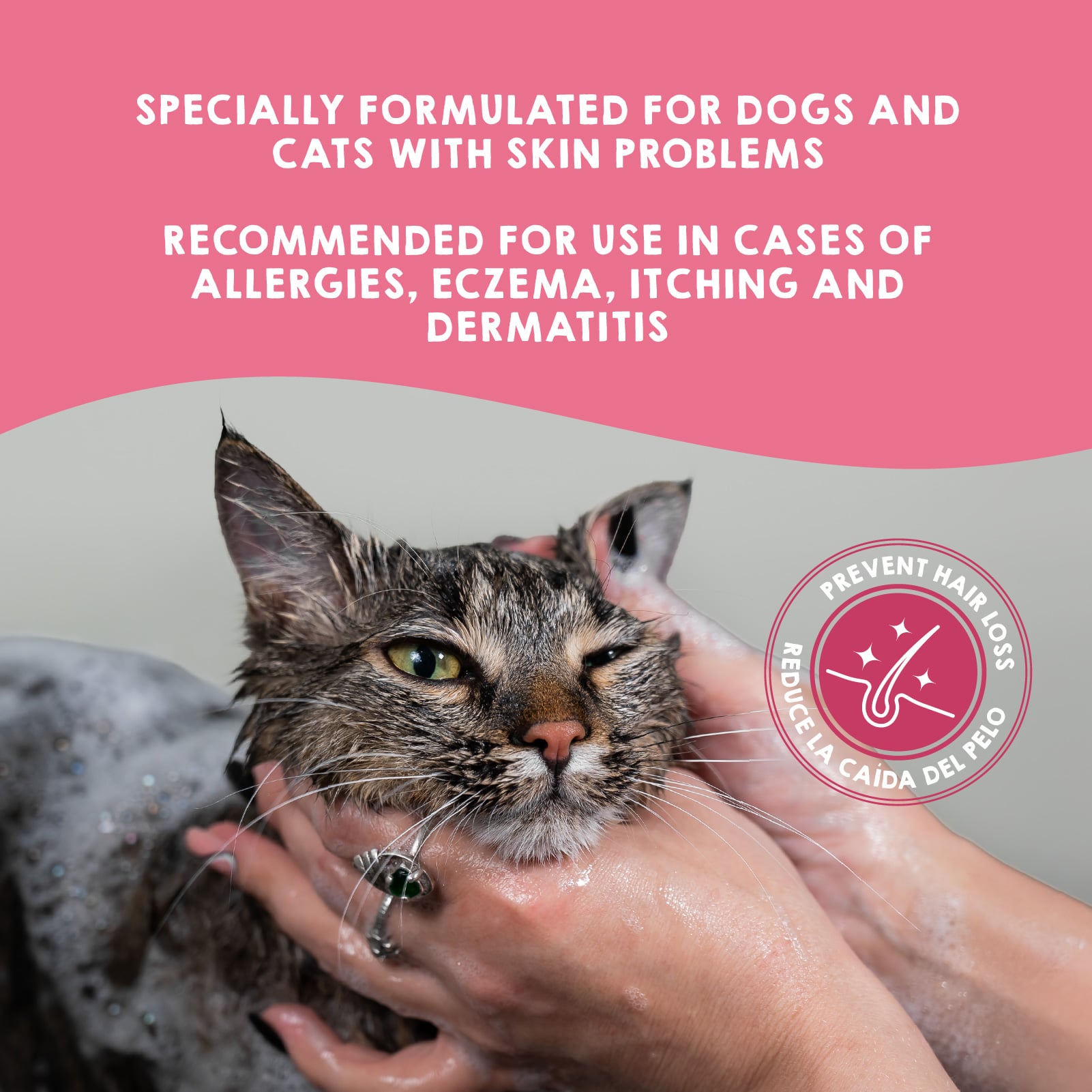 Dog shampoo for sensitive skin and dermatitis.