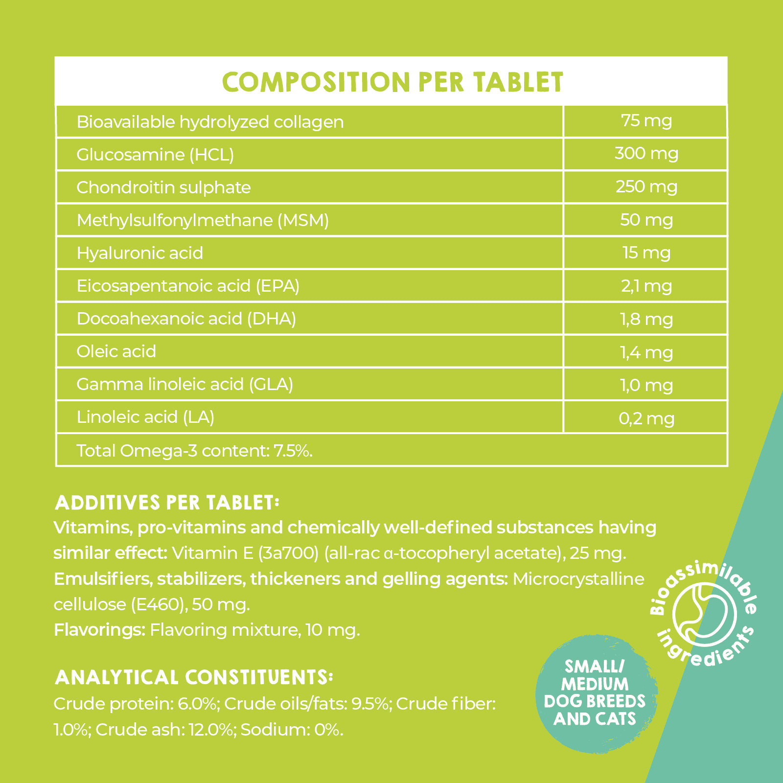 Joint support supplement to support mobility in dogs and cats