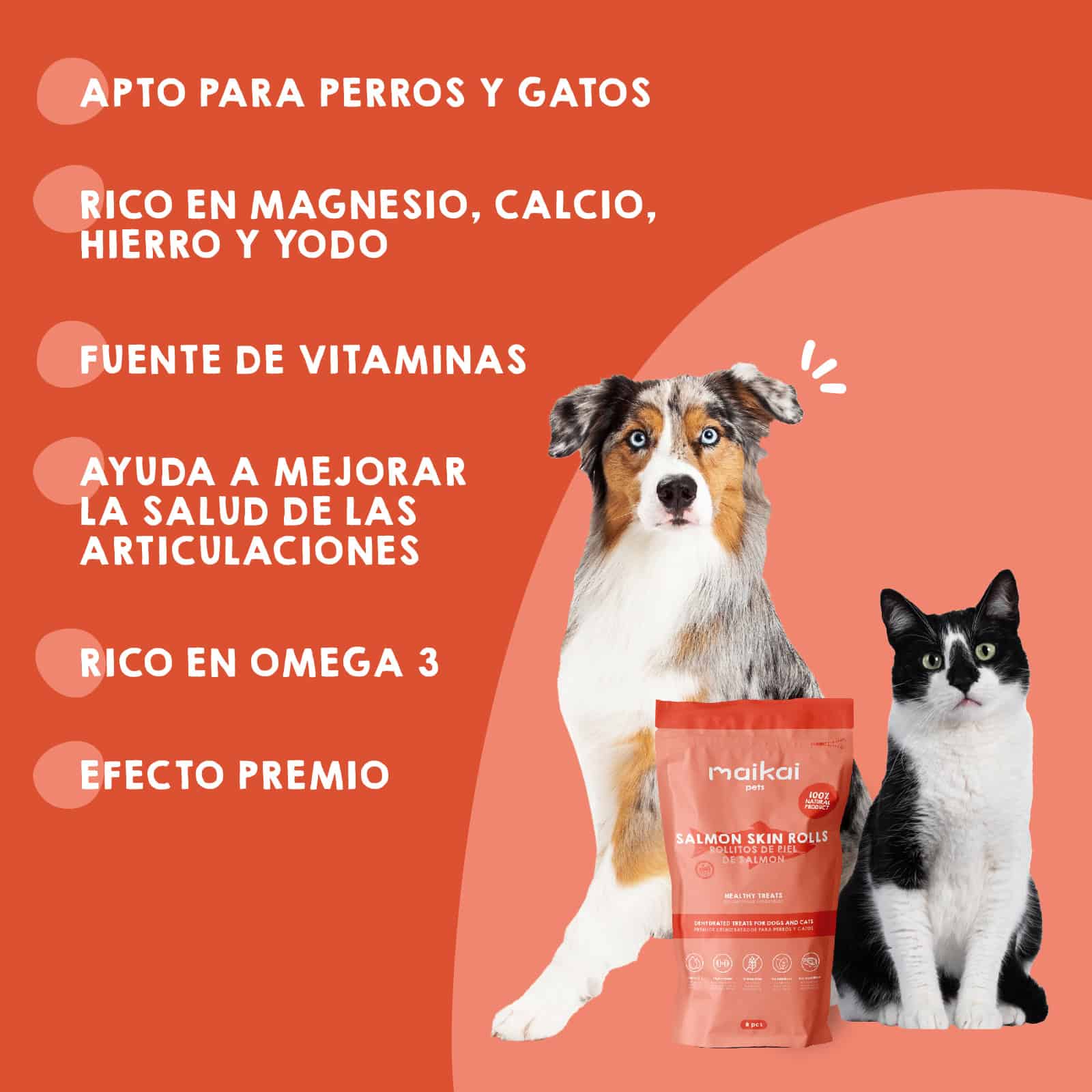 Chuches de salmón Maikai Pets para perros y gatos, snack natural y saludable, rico en proteínas y omega 3, perfecto como premio o complemento nutricional.