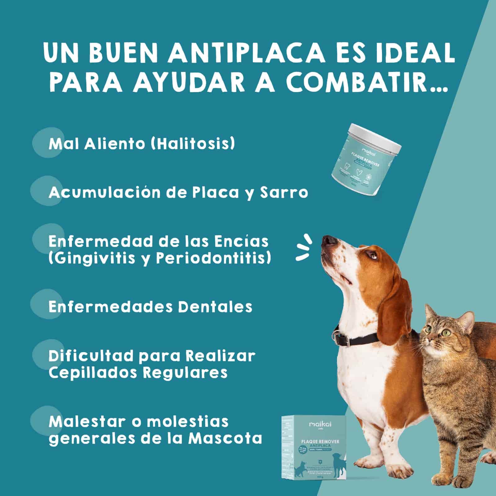 Limpiador bucal Maikai Pets para perros y gatos, producto natural que ayuda a mantener dientes y encías saludables, reduciendo sarro y mal aliento.