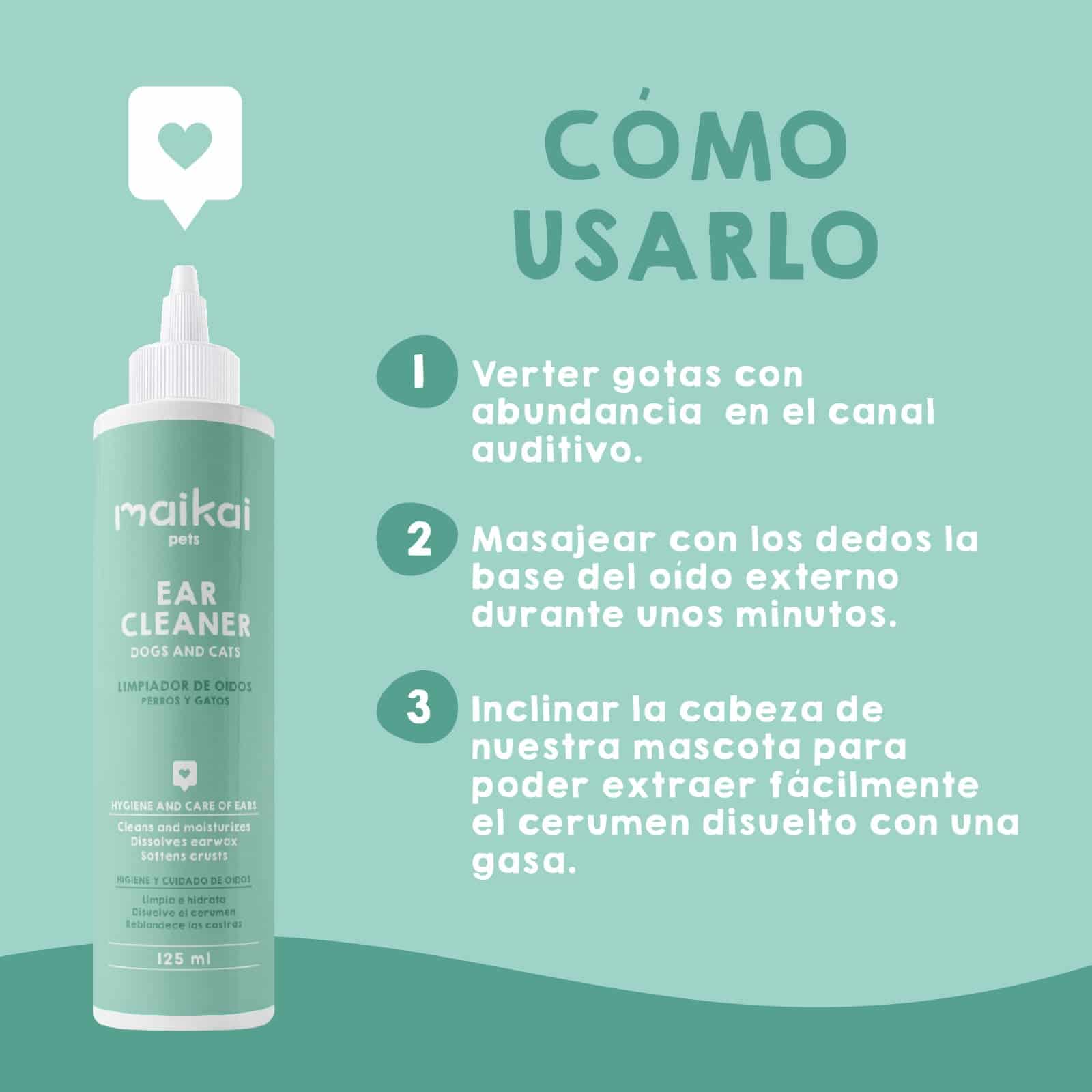 Líquido limpiador natural para la higiene de los oídos de perros y gatos