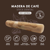 Mordedor natural de palo de café para perros, ecológico y resistente, ideal para masticación saludable y cuidado de dientes y encías.