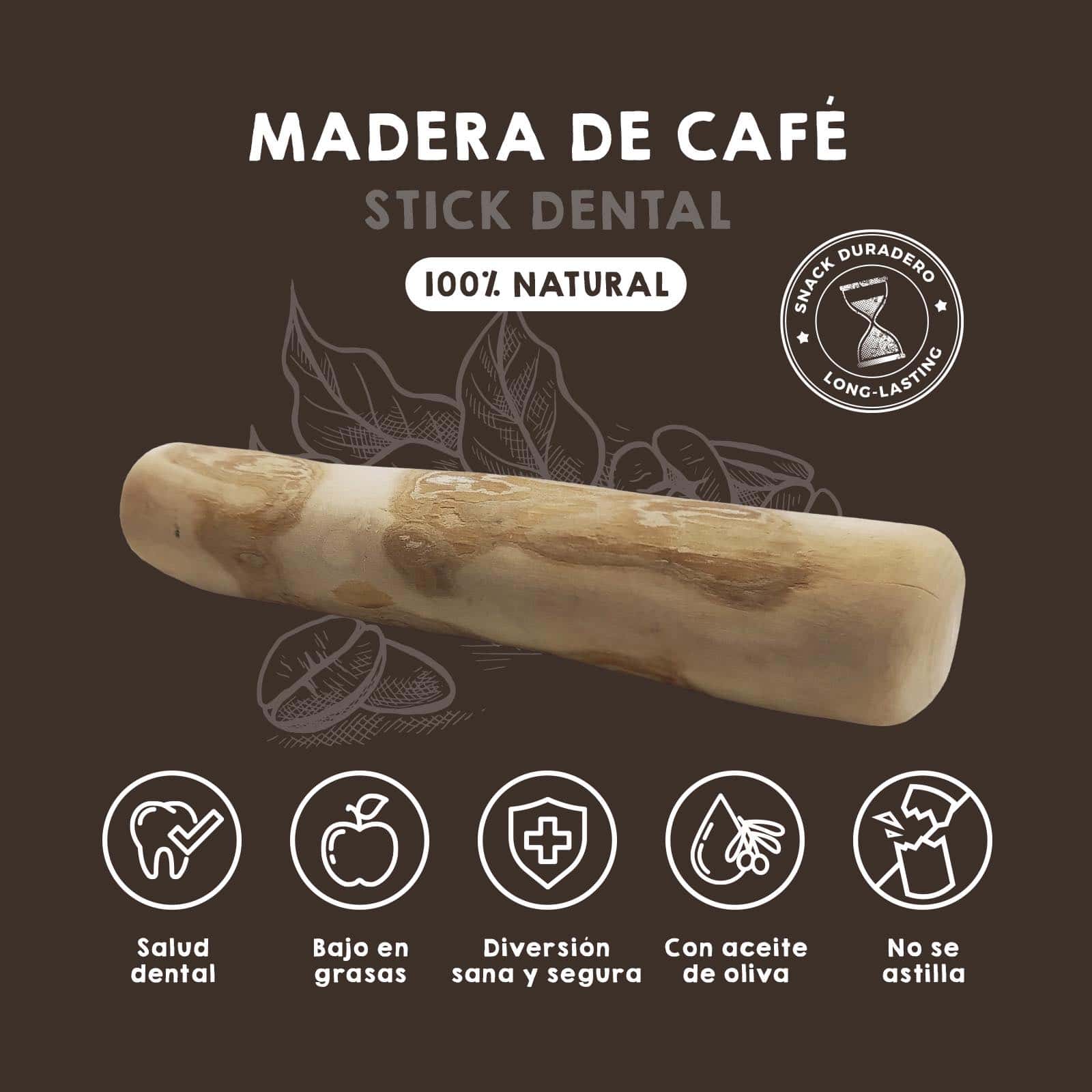 Mordedor natural de palo de café para perros, ecológico y resistente, ideal para masticación saludable y cuidado de dientes y encías.