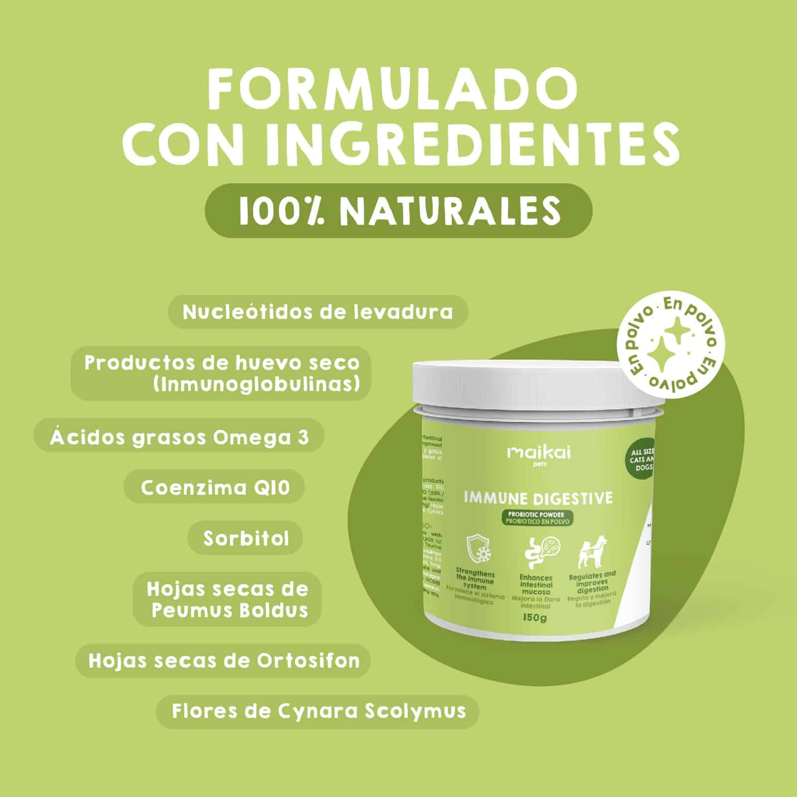Probióticos Maikai Pets para perros con diarrea, suplemento natural que ayuda a regular la digestión, restaurar la flora intestinal y mejorar la salud digestiva de tu mascota.