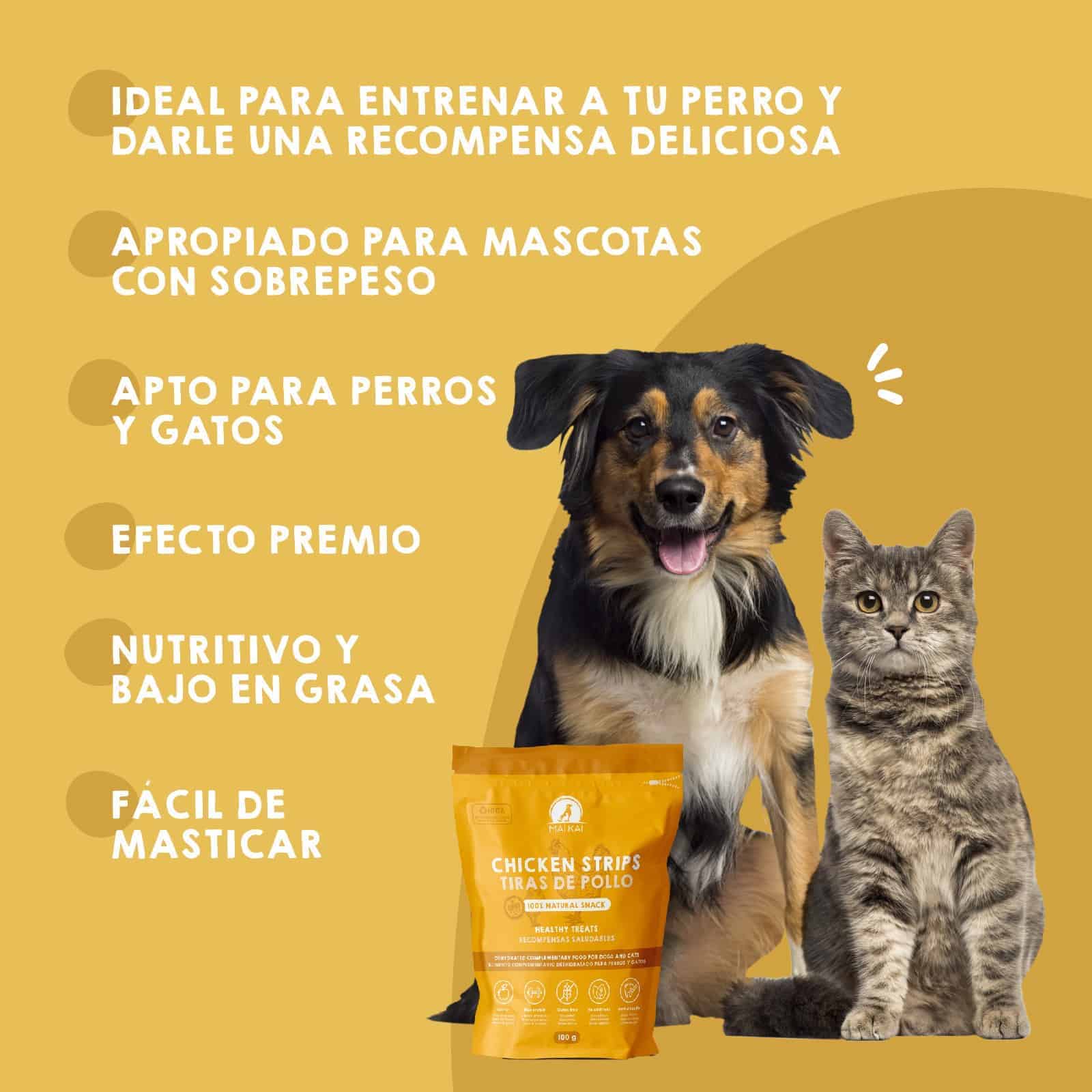 Snack deshidratado de tiras de pollo Maikai Pets para perros y gatos, 100% natural, rico en proteínas, saludable y perfecto como premio o complemento en la dieta diaria.