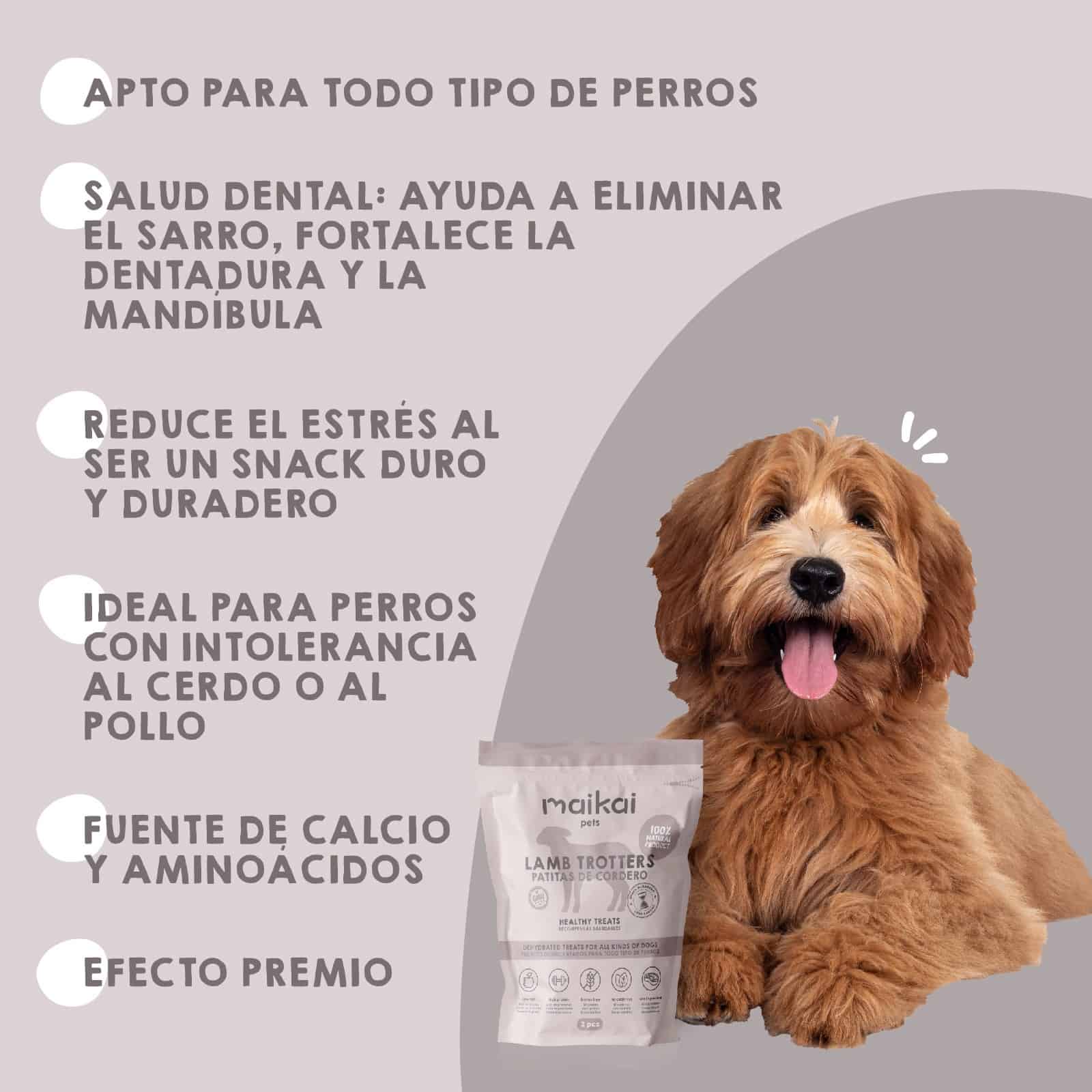 Snacks de patitas de cordero Maikai Pets para perros, 100% naturales, ricos en proteínas y duraderos, ideales como premio saludable y para mantener dientes y encías fuertes.