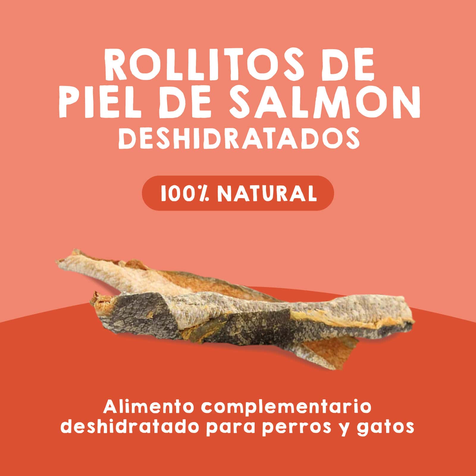 Snacks deshidratados de rollitos de salmón Maikai Pets para perros y gatos, 100% naturales, ricos en proteínas y omega 3, ideales como premio saludable y nutritivo.
