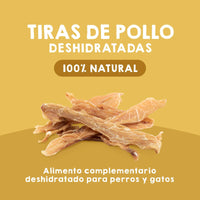 Tiras de pollo deshidratadas Maikai Pets para perros y gatos, snack natural y saludable, rico en proteínas, ideal como premio o complemento nutricional en la dieta de tu mascota.