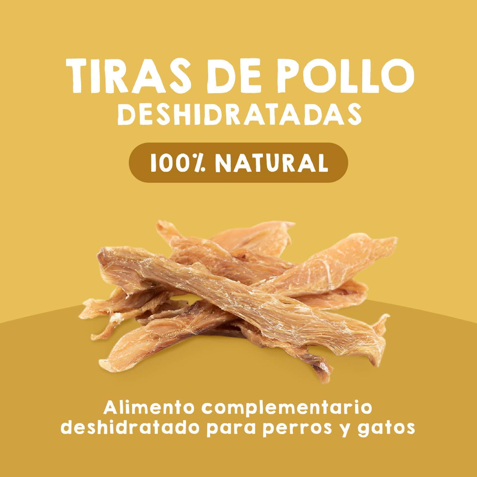 Tiras de pollo deshidratadas Maikai Pets para perros y gatos, snack natural y saludable, rico en proteínas, ideal como premio o complemento nutricional en la dieta de tu mascota.
