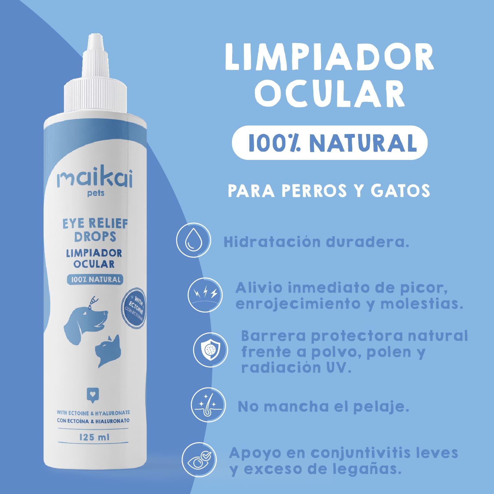 Imagen del limpiador ocular Maikai Pets con ectoina para hidratar y proteger los ojos de perros y gatos.