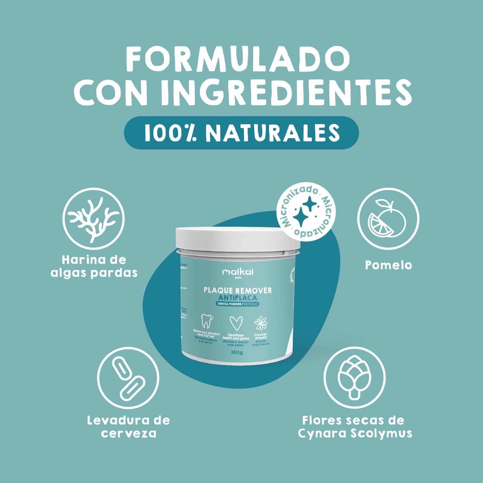 PlaqueOff Maikai Pets para perros y gatos, producto natural que ayuda a reducir el sarro y mantener dientes y encías saludables de manera efectiva.