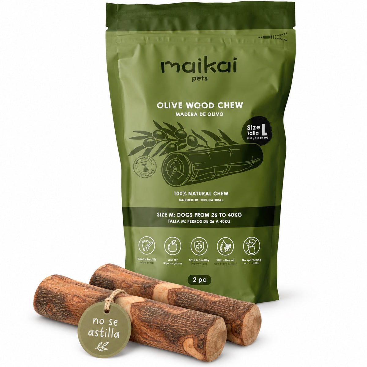 Natural olive wood chew coated in extra virgin olive oil