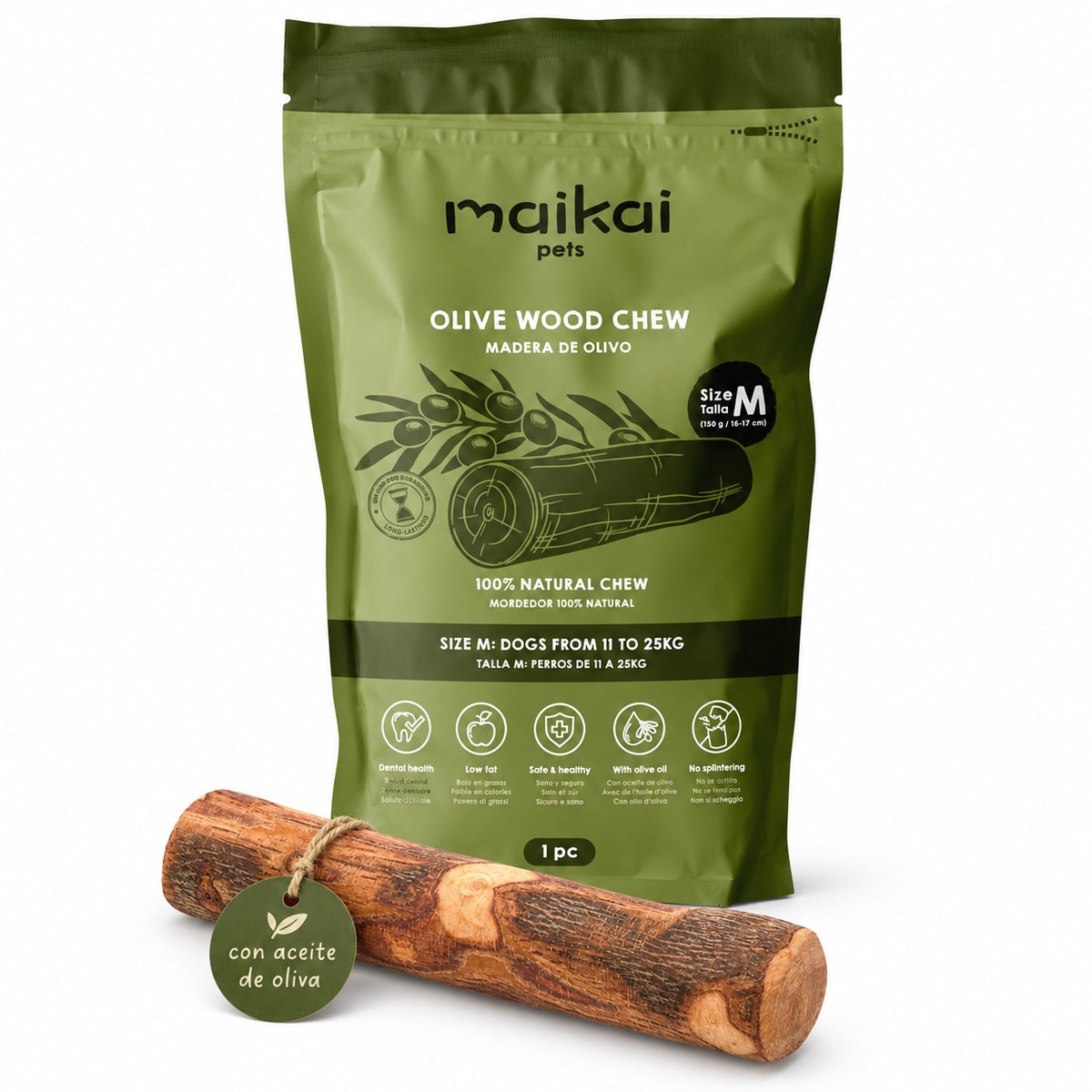 Natural olive wood chew coated in extra virgin olive oil
