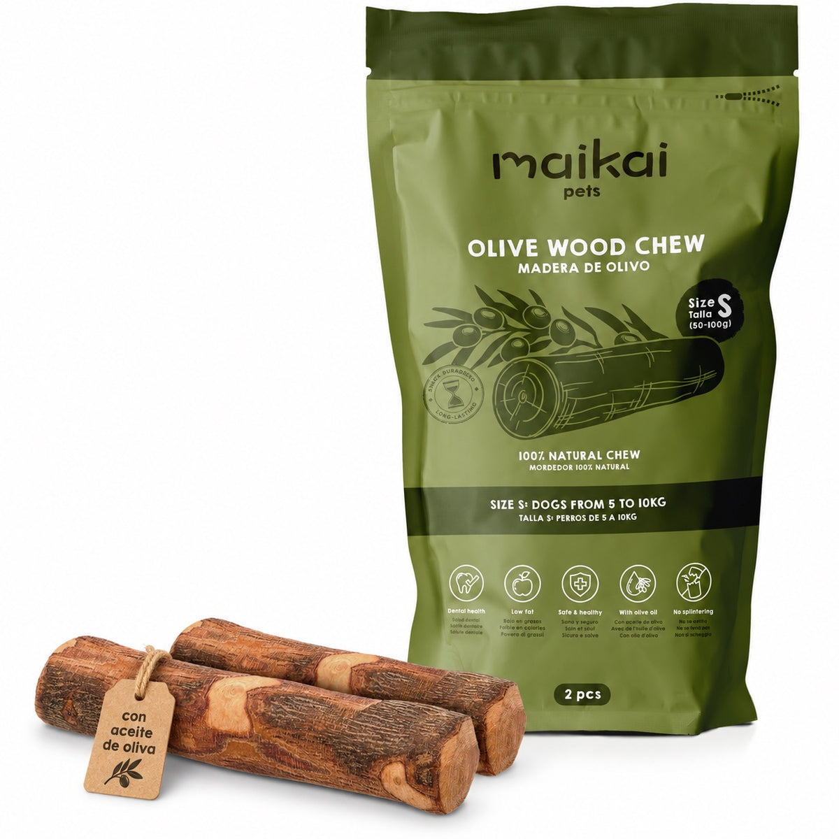 Natural olive wood chew coated in extra virgin olive oil