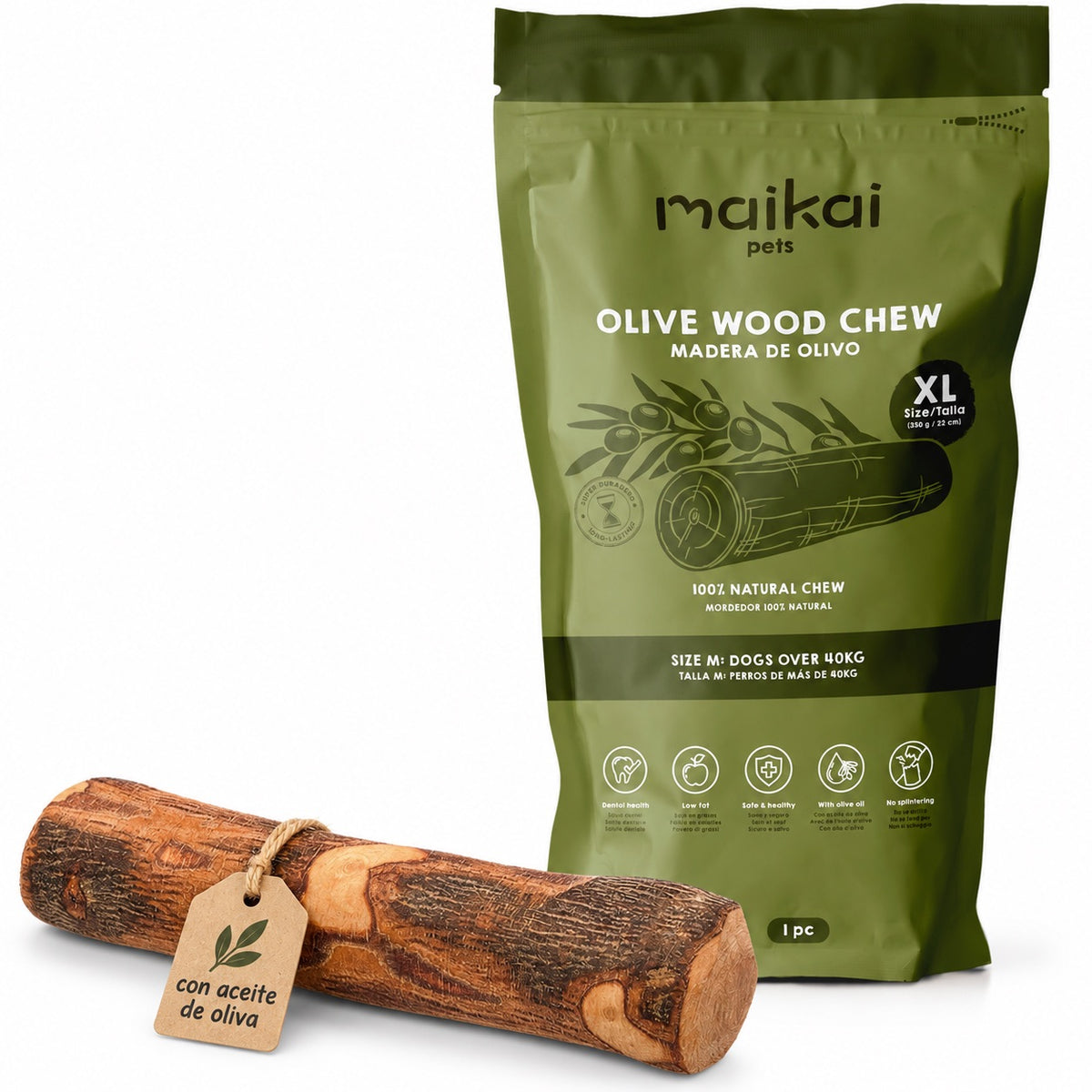 Natural olive wood chew coated in extra virgin olive oil