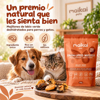 Perro y gato con mejillones de labio verde deshidratados, premio natural