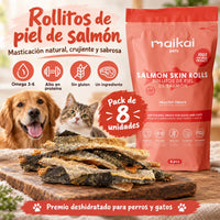 Perro y gato con rollitos de piel de salmón, pack de 8 unidades