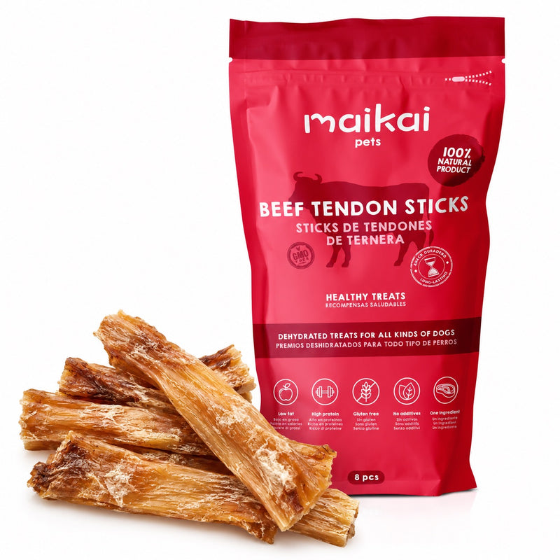 Tendones de ternera deshidratados Maikai Pets para perros, pack de 8 unidades