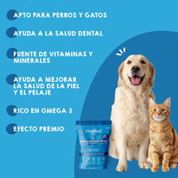 Snacks naturales Maikai Pets para perros y gatos: bocaditos crujientes de pescado, ricos en proteínas y omega 3, que aportan beneficios para la piel, el pelo y la salud general de tu mascota.
