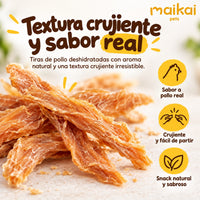 Tiras de pollo deshidratadas de textura crujiente y sabor real
