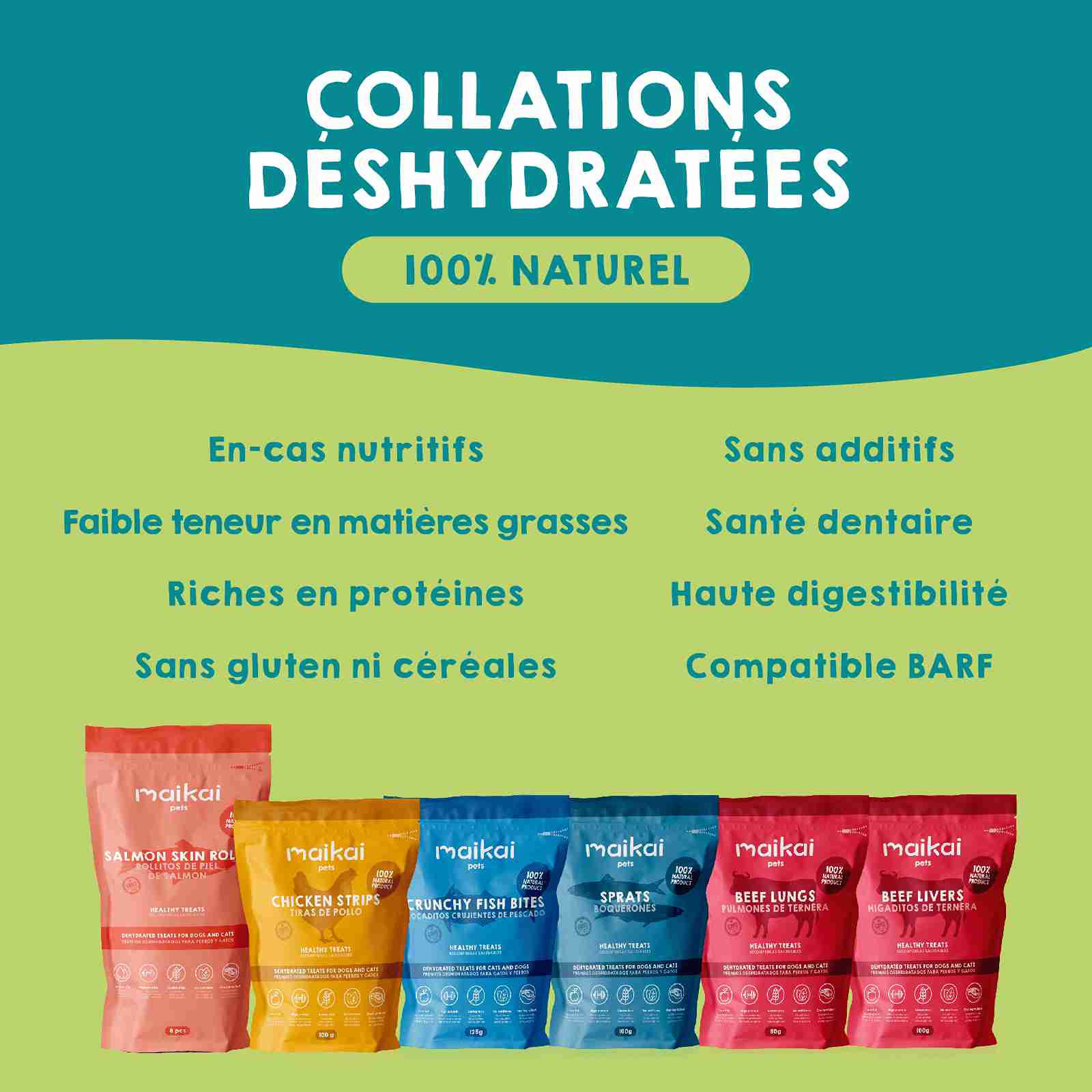 Boîte de snacks déshydratés et huile de saumon pour chiens et chats.