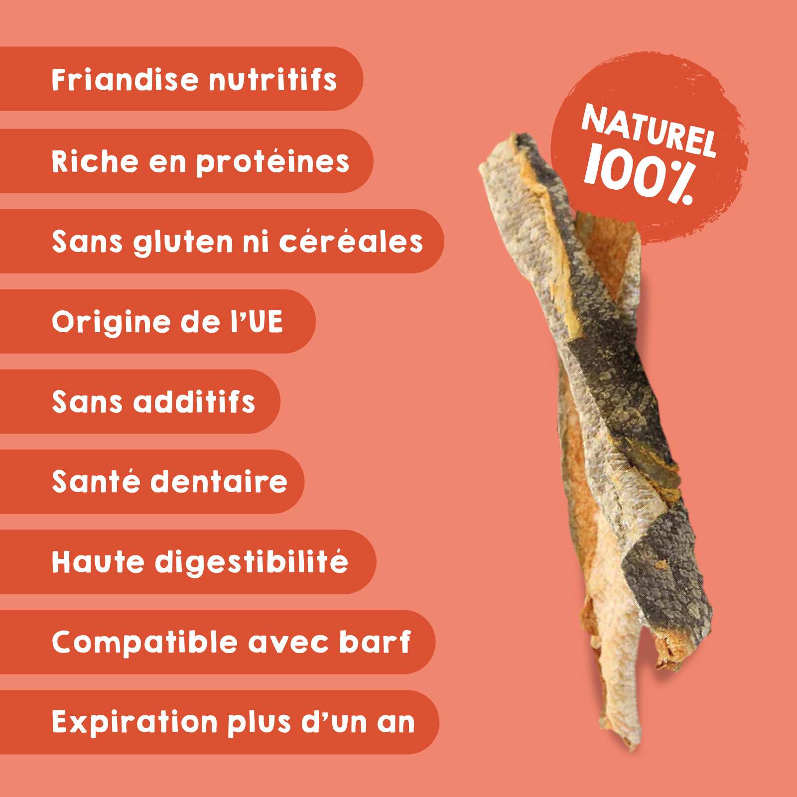 Friandises en rouleaux de saumon pour chiens et chats.